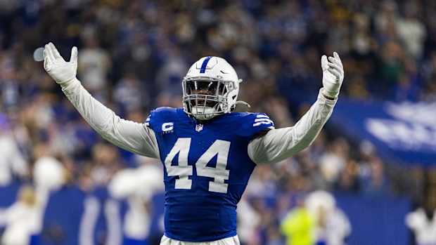 Dec 16, 2023; Indianapolis, Indiana, USA; Indianapolis Colts linebacker Zaire Franklin (44) pumps up the crowd in the first half against the Pittsburgh Steelers at Lucas Oil Stadium.